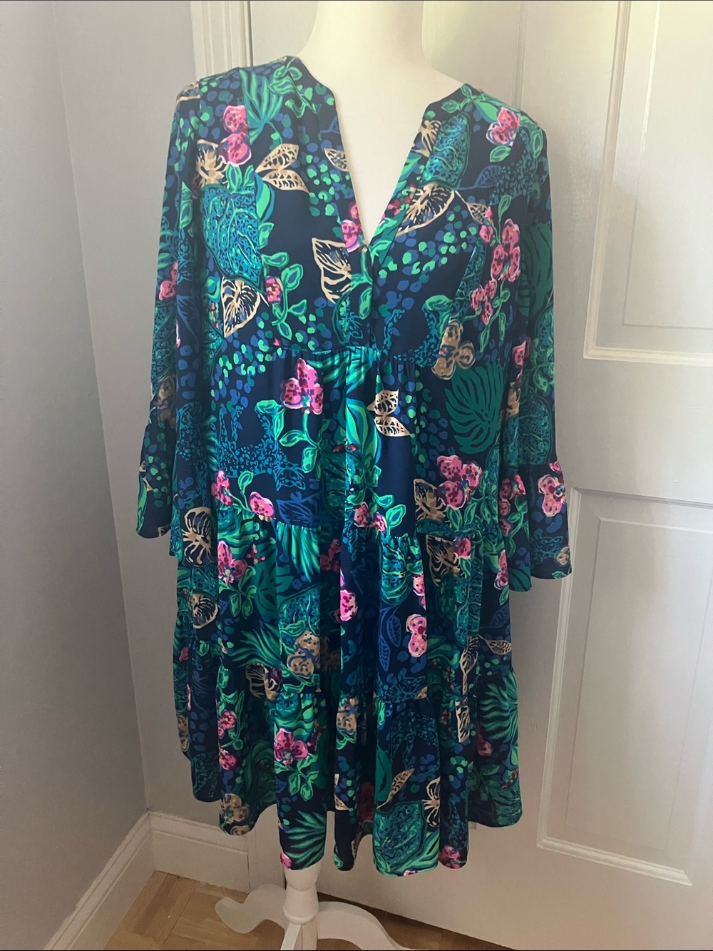 Lilly Pulitzer Gabriel Dress Navy Teal Green Pink Floral Tiered Loose Fit EUC